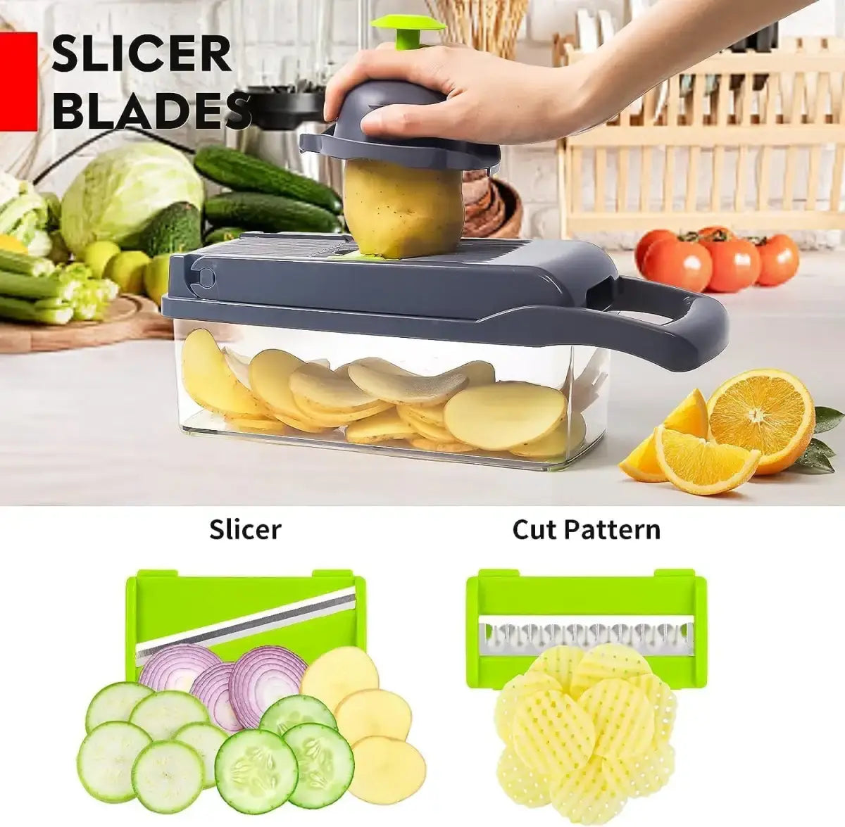 16-in-1 Stainless Steel Vegetable Chopper with 8 Interchangeable Blades - Durable PP and Steel Construction for Efficient Peeling and Cutting of Vegetables