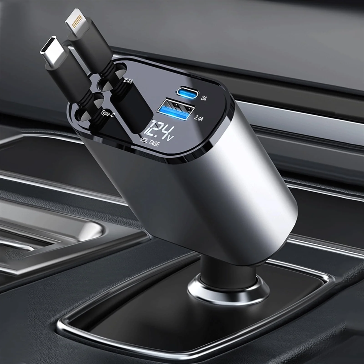 4 in 1 Retractable Car Charger, 100W Fast Car Phone Charger with Iphone and Type