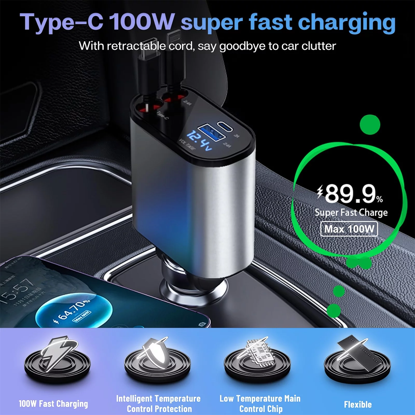 4 in 1 Retractable Car Charger, 100W Fast Car Phone Charger with Iphone and Type