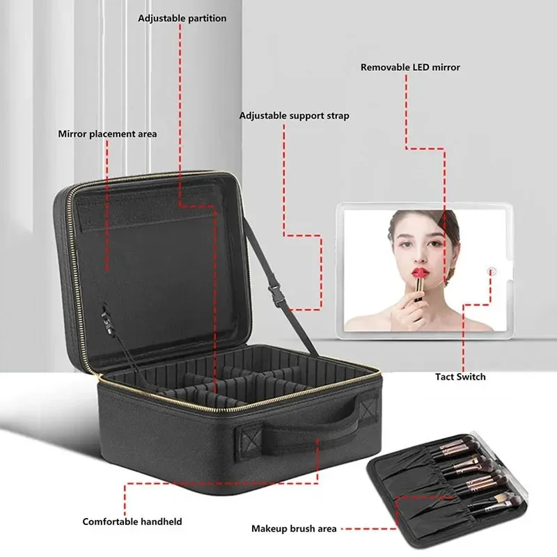 Smart LED Travel Makeup Case with Mirror – Large Capacity Cosmetic Bag for Skinc