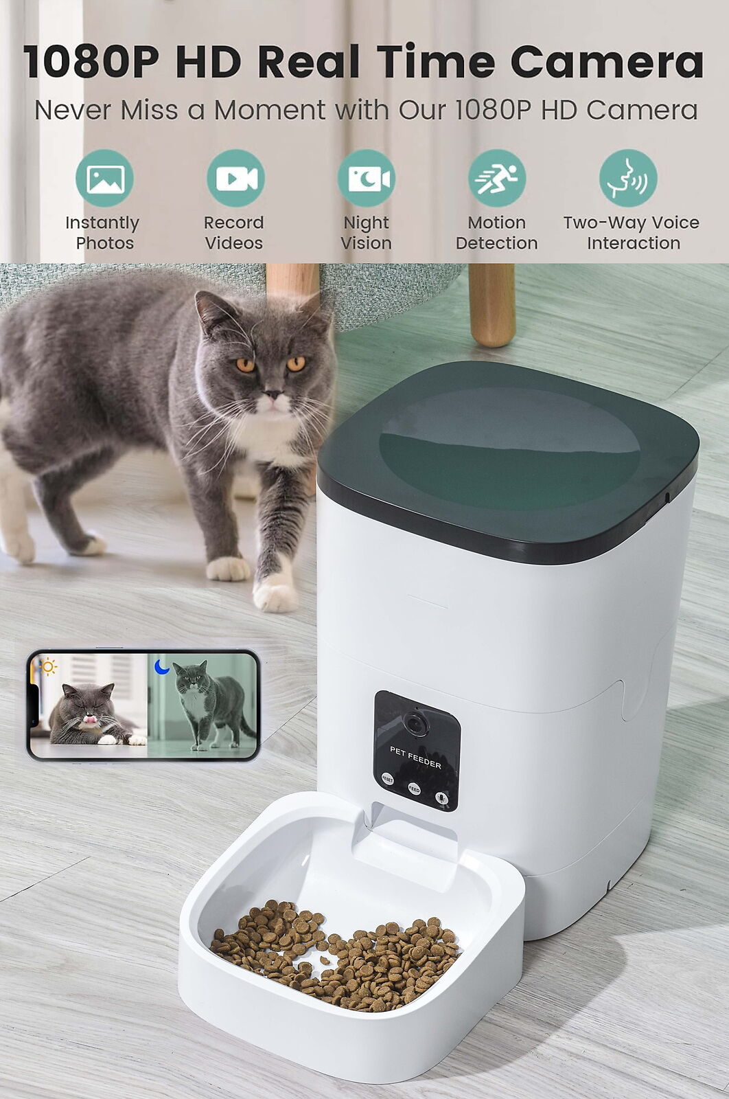 Pet Feeder,6L Automatic Pet Feeder for Cats and Dogs,1080P Camera,App Control,Vo