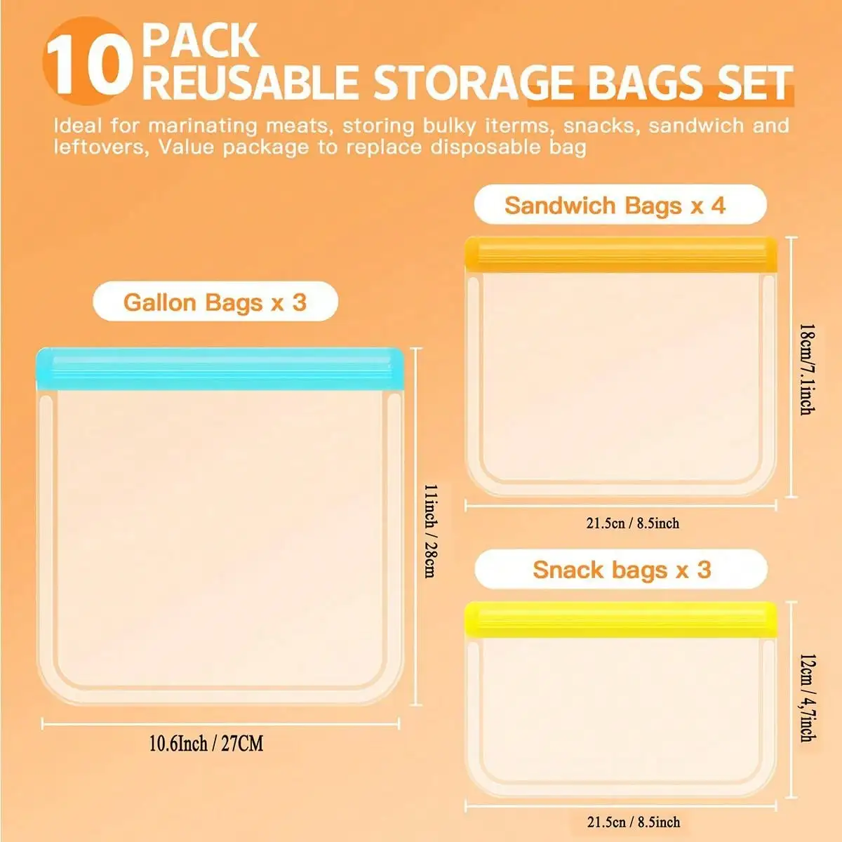 10-Piece Leak-Proof Reusable Silicone Food Storage Set – 3 Large, 4 Medium, 3 Sm