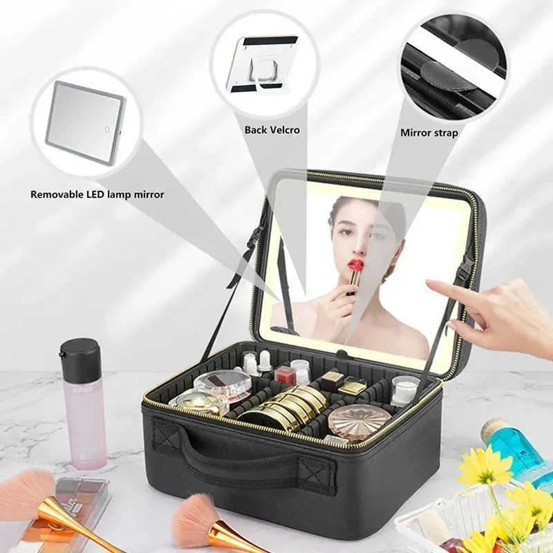 Smart LED Travel Makeup Case with Mirror – Large Capacity Cosmetic Bag for Skinc