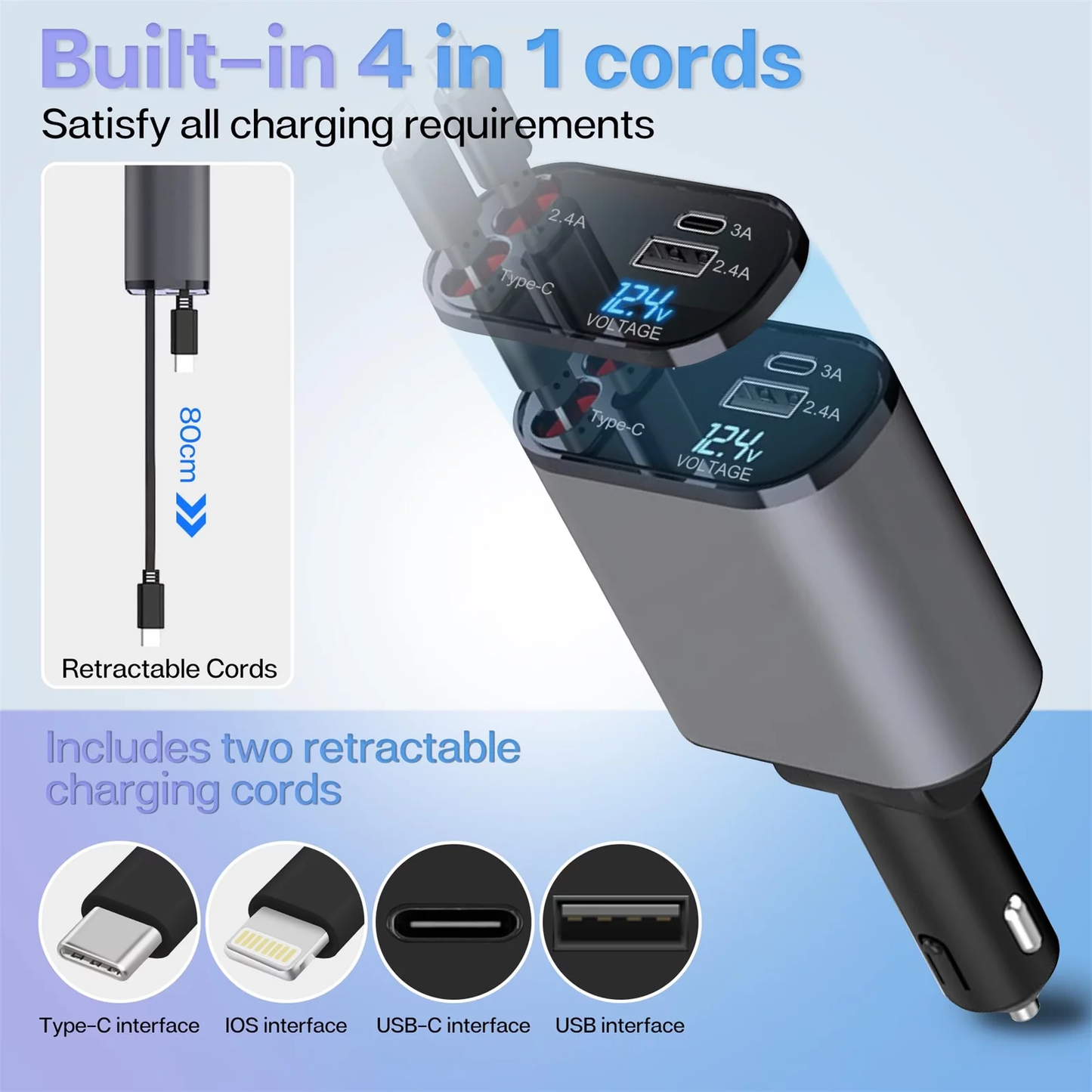 4 in 1 Retractable Car Charger, 100W Fast Car Phone Charger with Iphone and Type