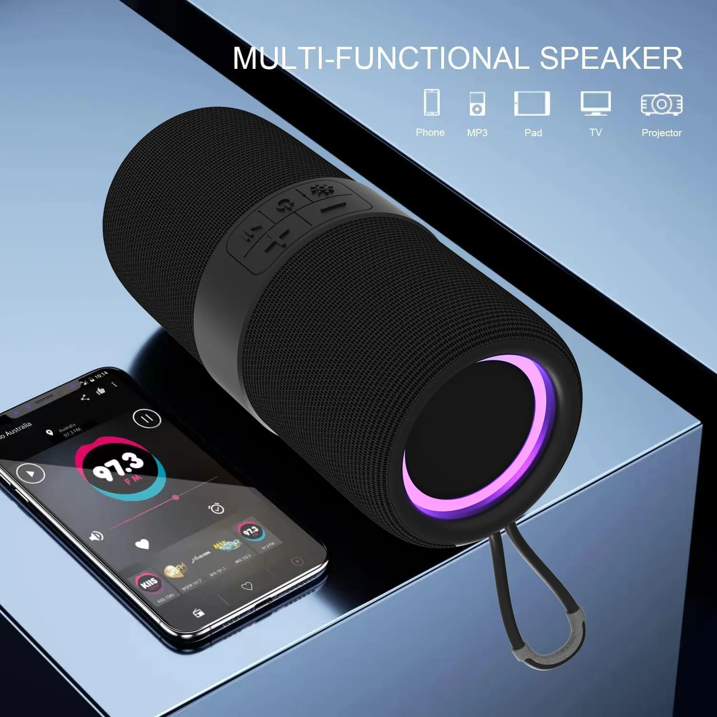Waterproof Bluetooth 5.0 Speaker with Mutil-Colorful 7LED Lights Patterns, Porta