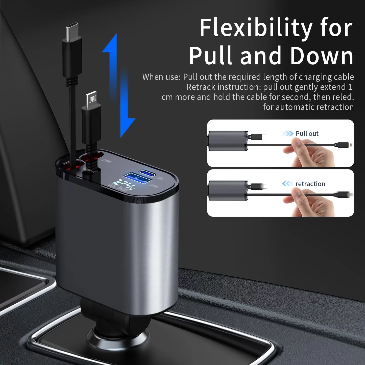 4 in 1 Retractable Car Charger, 100W Fast Car Phone Charger with Iphone and Type