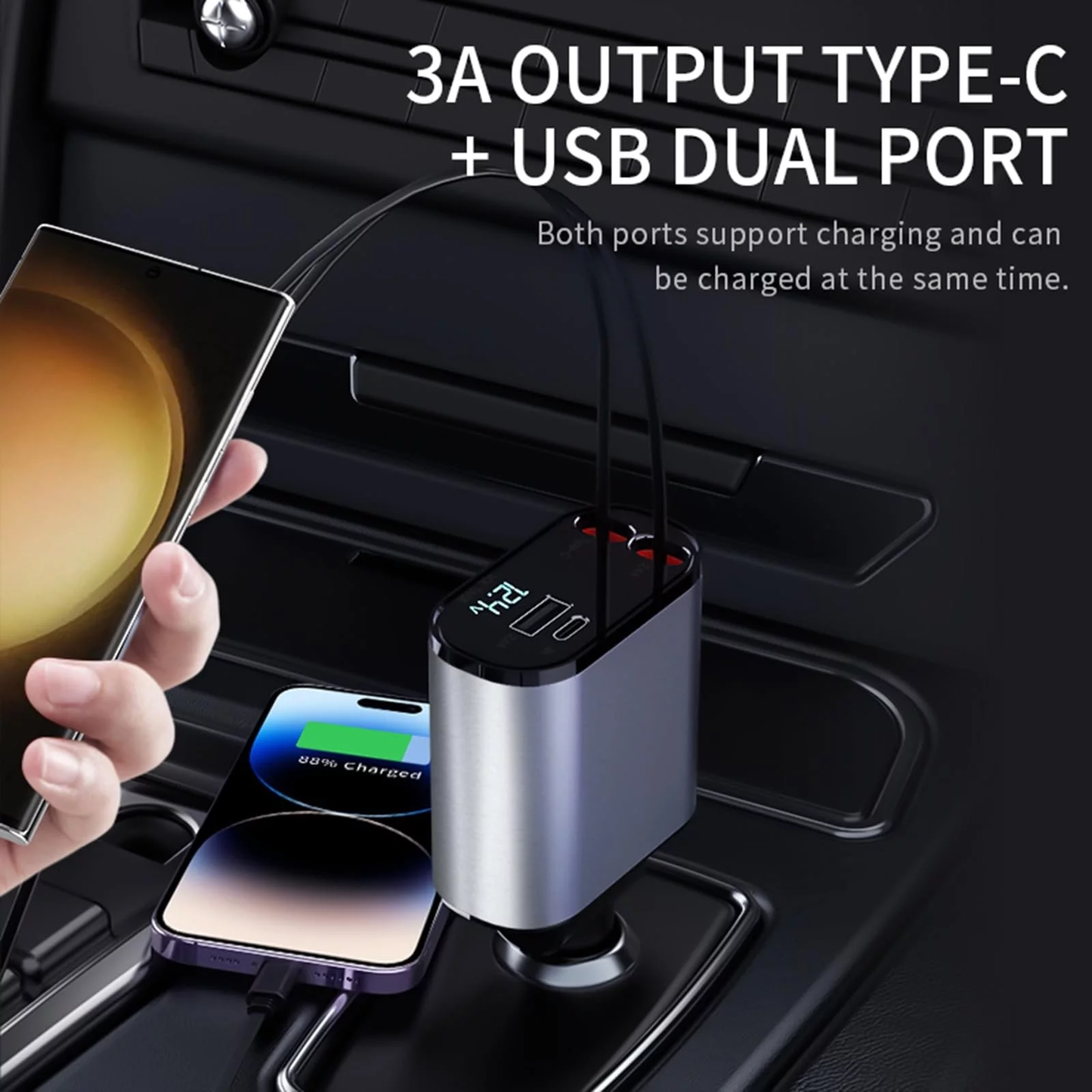 4 in 1 Retractable Car Charger, 100W Fast Car Phone Charger with Iphone and Type