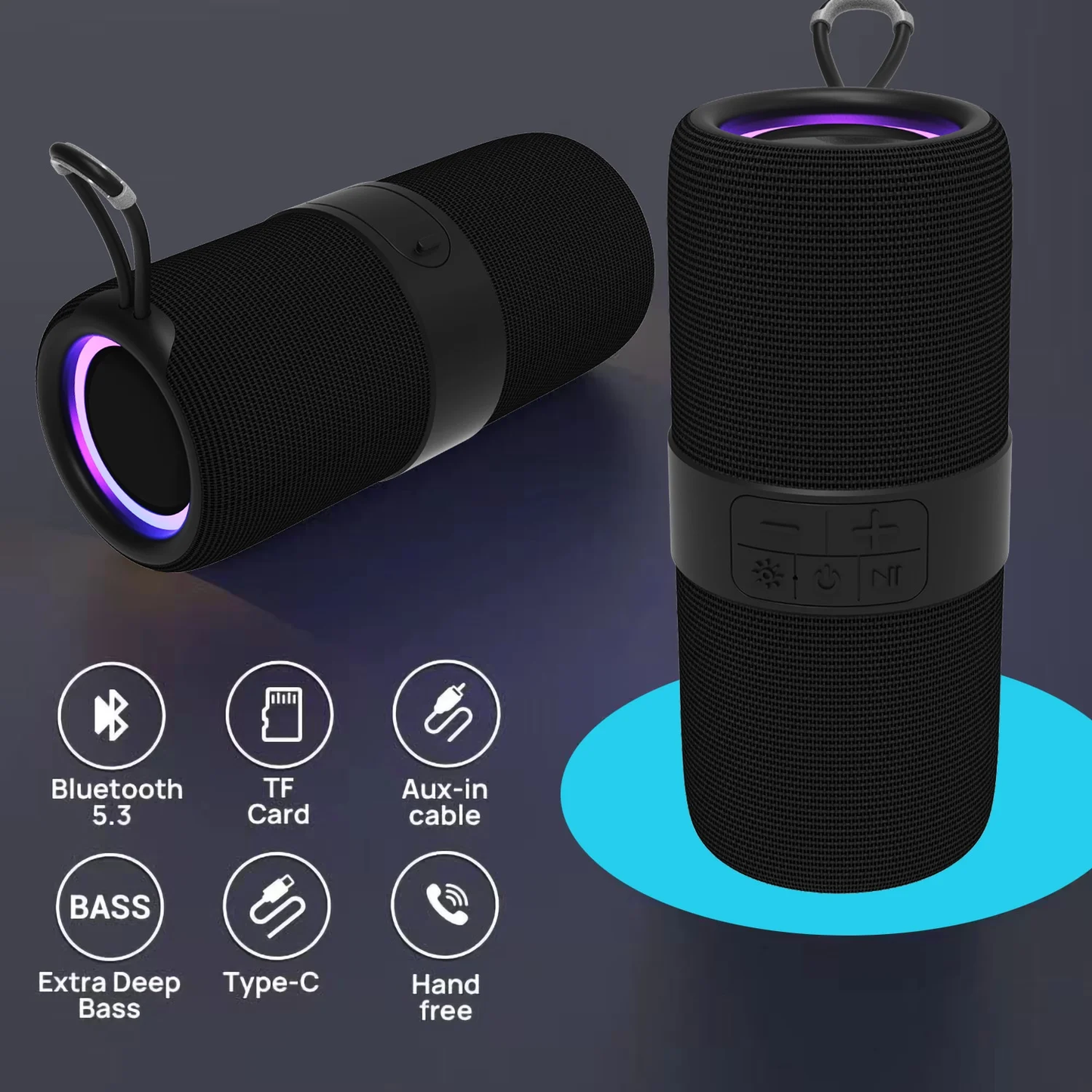 Waterproof Bluetooth 5.0 Speaker with Mutil-Colorful 7LED Lights Patterns, Porta