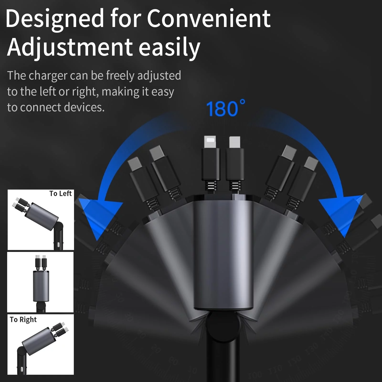 4 in 1 Retractable Car Charger, 100W Fast Car Phone Charger with Iphone and Type