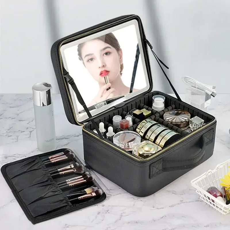 Smart LED Travel Makeup Case with Mirror – Large Capacity Cosmetic Bag for Skinc