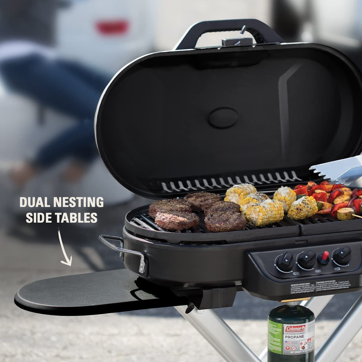 Roadtrip 285 Portable Stand-Up Propane Grill with Three Adjustable Burners and Instastart Ignition – 20,000 BTUs for Outdoor Cooking, Camping, Tailgating, and Barbecuing
