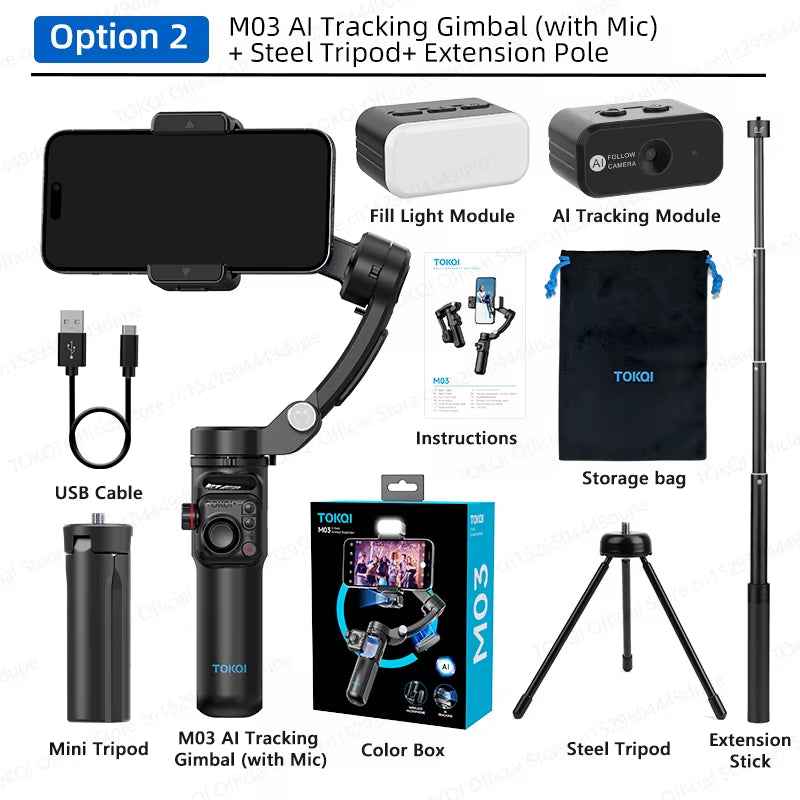M03 Handheld Gimbal 3-Axis AI Tracking Stabilizer with Wireless Microphone for Smartphones Shooting Vlog, with Fill Light