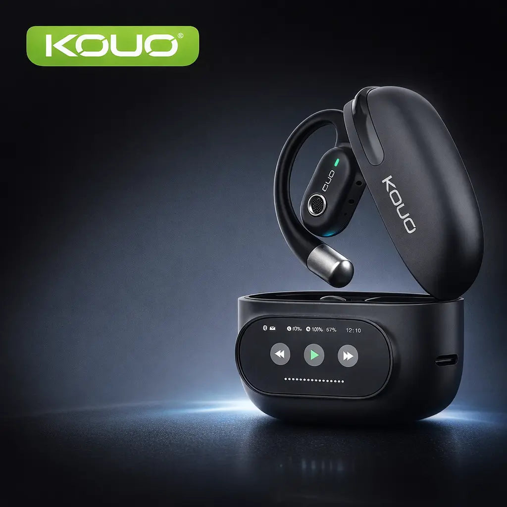 KOUO O1 Open-Ear Wireless Bluetooth 5.4 Headphones with LED HD Display High-Fidelity Sound IPX7 Waterproof for Office Sports Studying Audio Calls
