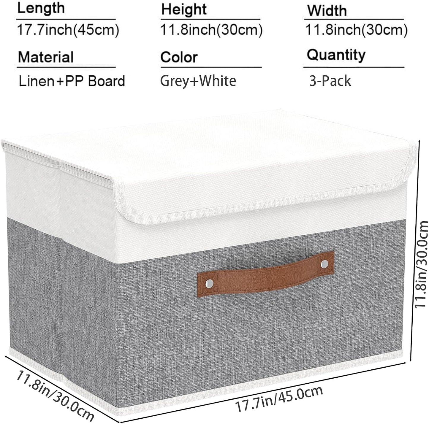 Storage Bins with Lids, Fabric Foldable Boxes, Washable and Leather Handle, Cube Organizer Basket for Home, Closet, White/Grey, 17.7''Lx11.8''Wx11.8''H, 3-Pack, USNK024WGX-3