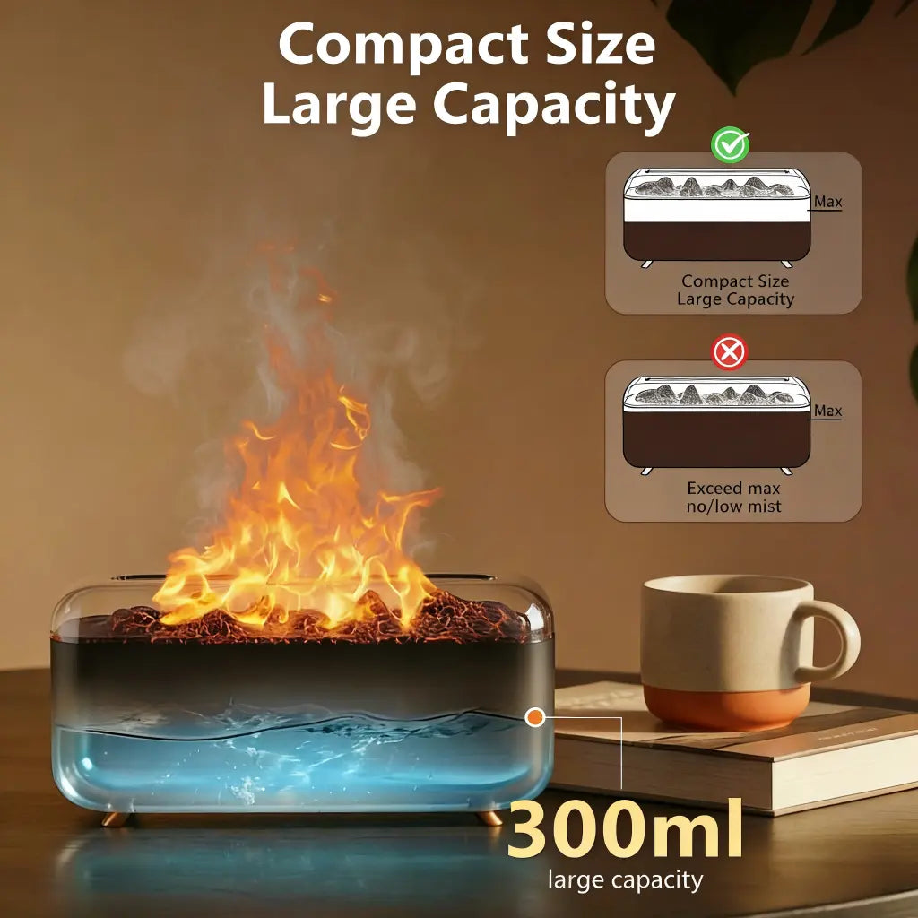 Upgraded 300Ml Air Humidifier Fireplace Diffuser, 8 Flame Colors Noiseless Aromatherapy Essential Oil Diffuser with Auto-Off Protection Timer, Ultrasonic Cool Mist Humidifier for Home Yoga Room Bedroom Office