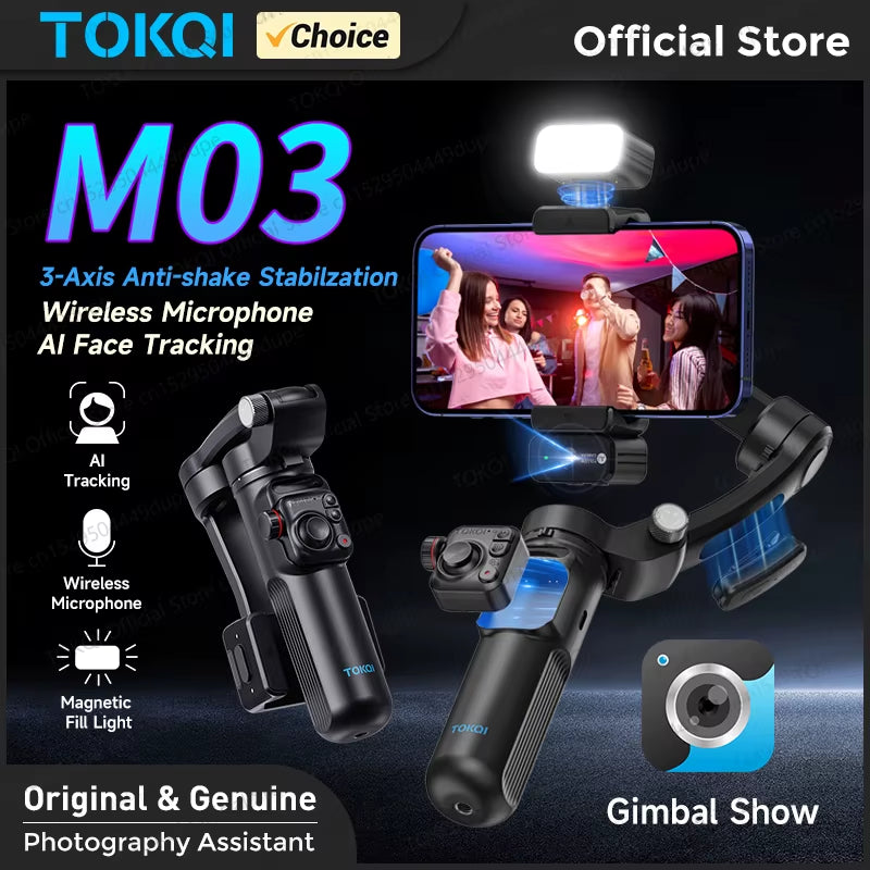 M03 Handheld Gimbal 3-Axis AI Tracking Stabilizer with Wireless Microphone for Smartphones Shooting Vlog, with Fill Light