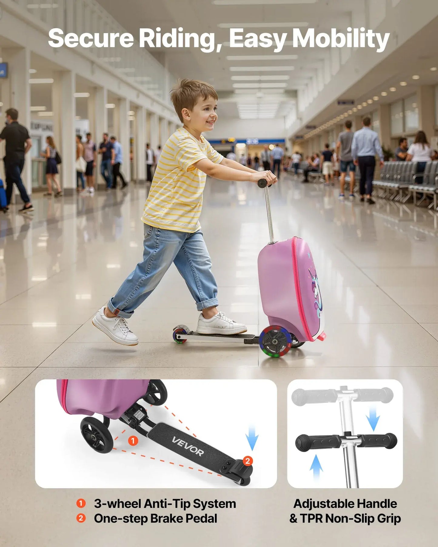 VEVOR Ride-On Luggage, Kids Scooter Suitcase with Flash PU Wheels, Adjustable Handle & TPR Non-Slip Grip, Foldable & Lightweight Scooter Luggage for Kids Aged 5+, Purple