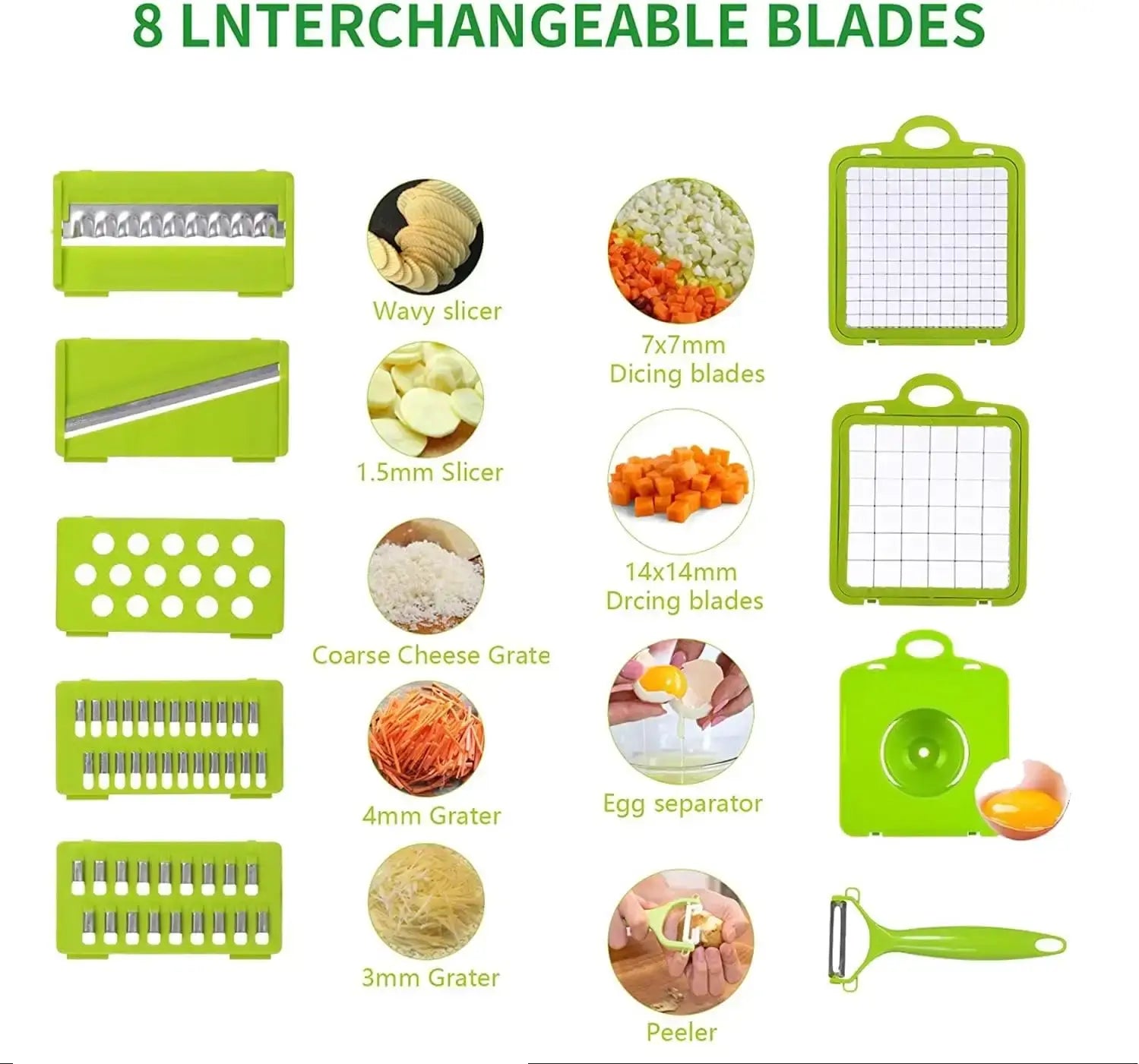 16-in-1 Stainless Steel Vegetable Chopper with 8 Interchangeable Blades - Durable PP and Steel Construction for Efficient Peeling and Cutting of Vegetables