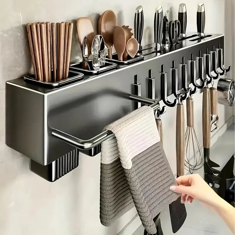 Multi-Functional Wall-Mounted Kitchen Storage Rack, Kitchenware - Heavy-Duty Carbon Steel Knife Holder, Japanese Knife Storage Rack, No-Drill Installation, Suitable for Storing Knives, Cutlery, and Cutting Boards in Homes and Restaurants, Space-Saving