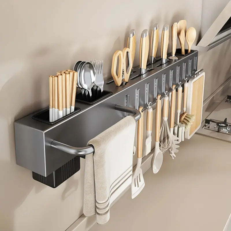 Multi-Functional Wall-Mounted Kitchen Storage Rack, Kitchenware - Heavy-Duty Carbon Steel Knife Holder, Japanese Knife Storage Rack, No-Drill Installation, Suitable for Storing Knives, Cutlery, and Cutting Boards in Homes and Restaurants, Space-Saving