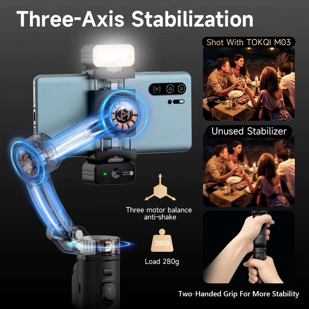 M03 Handheld Gimbal 3-Axis AI Tracking Stabilizer with Wireless Microphone for Smartphones Shooting Vlog, with Fill Light
