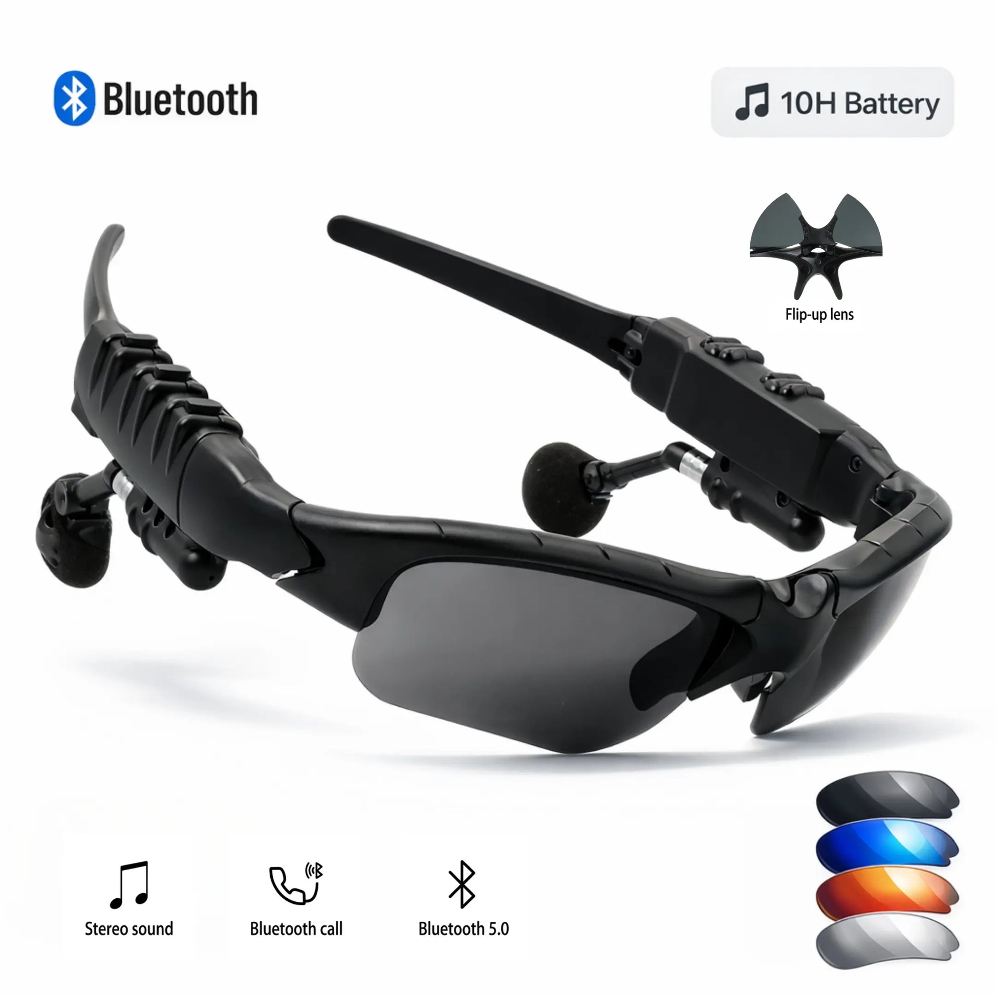 Wireless Audio Smart Sunglasses - Bluetooth Sport Eyewear with Integrated Earbuds, Flip-Up Tinted Lenses, Hands-Free Calling and Music, Adjustable Fit for Men and Women (Available in Black, Blue, Yellow, Mirror)