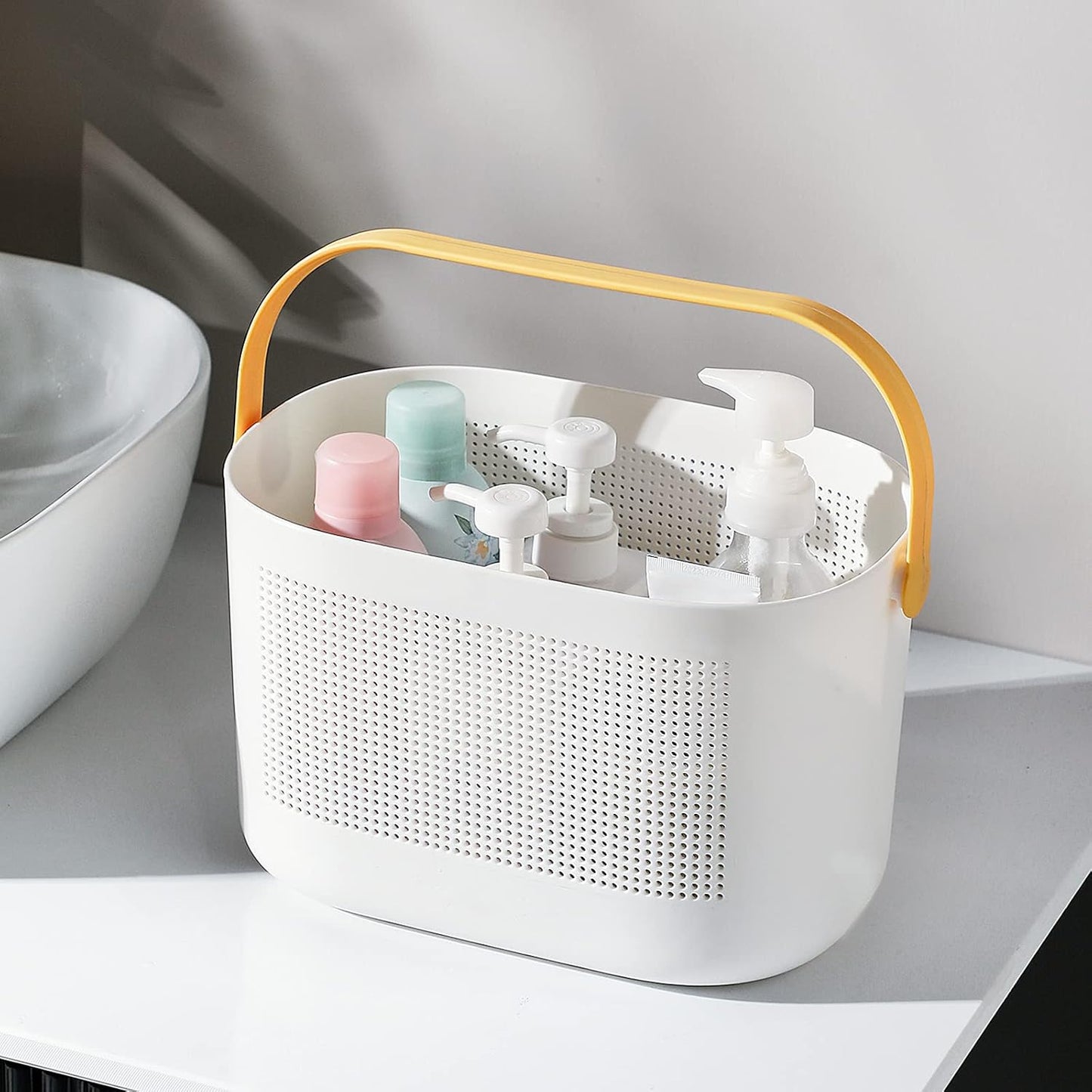 Plastic Storage Baskets with Handles for Bathroom, Kitchen, and Dorm Room Organization - Yellow Shower Caddy Shelf Organizers