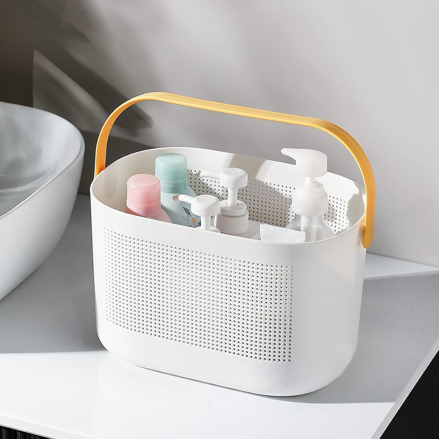 Plastic Storage Baskets with Handles for Bathroom, Kitchen, and Dorm Room Organization - Yellow Shower Caddy Shelf Organizers