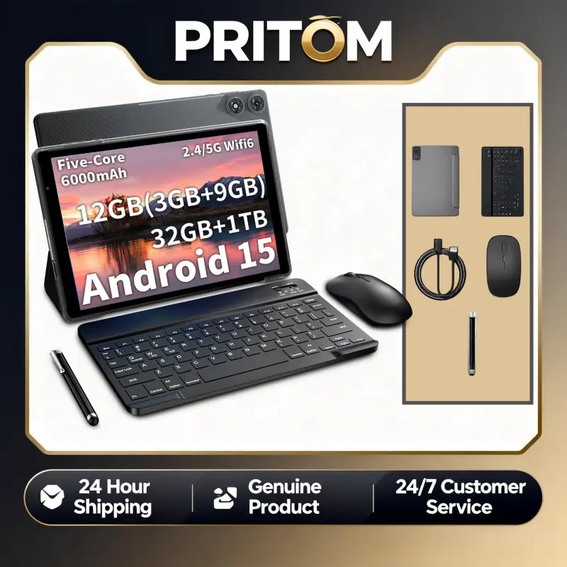 Pritom 10” Android 15 Tablet: 5G WiFi, 12GB RAM, 32GB Storage with 1TB Expansion, 6000mAh Battery – Ideal for Work and Entertainment, Enhanced Performance and Durability