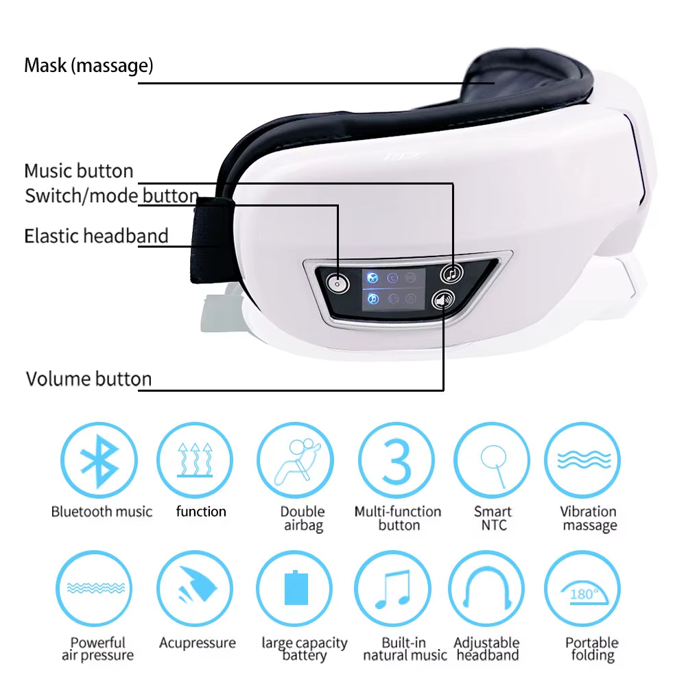 6D Smart Vibration Eye Massager with Airbag Compression, Bluetooth Music, and Sleep Mask for Eye Relaxation and Fatigue Relief