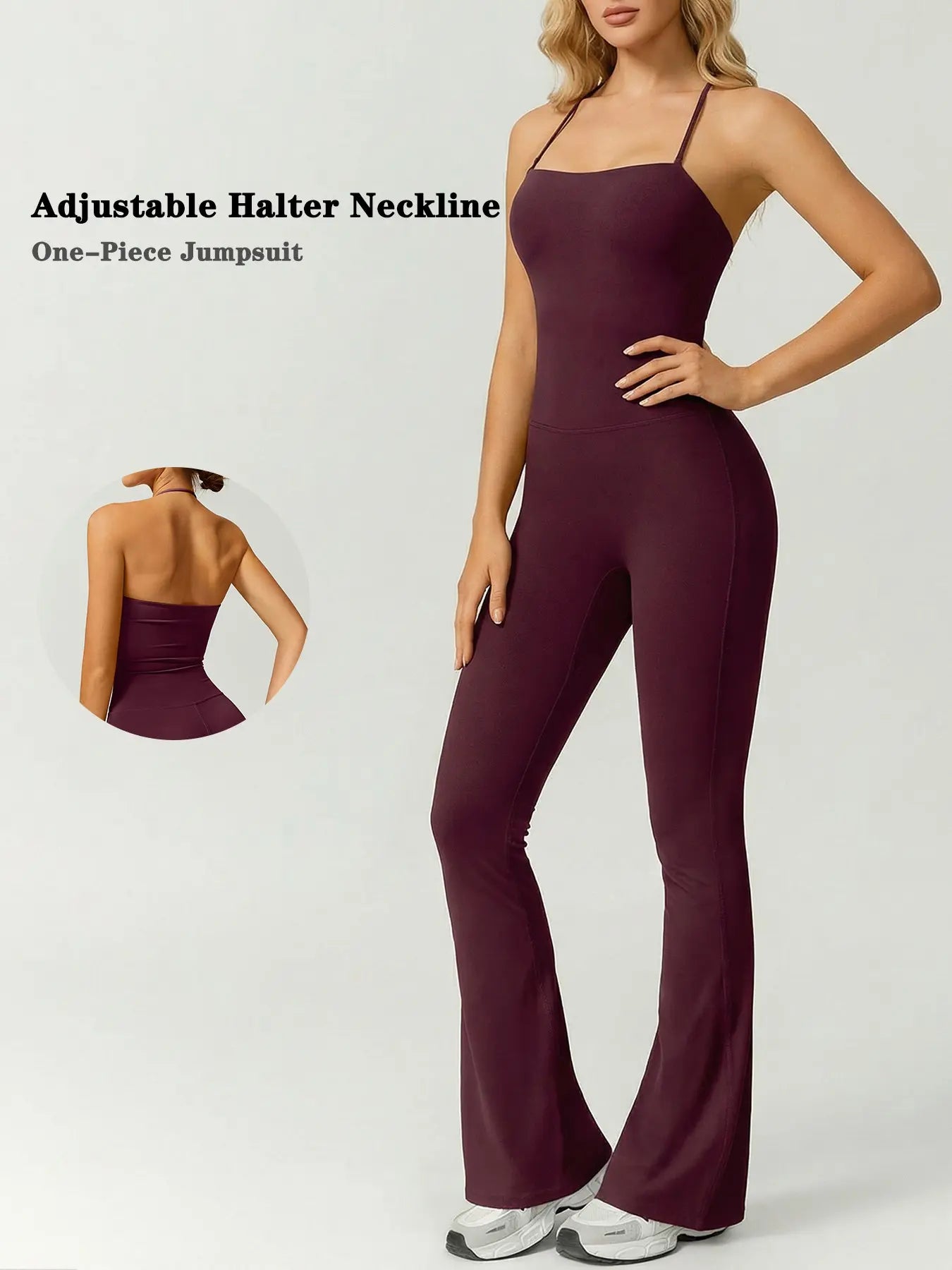 Women'S Halter Neck Sleeveless Yoga Bodysuit Soft Nylon-Spandex Blend Flare Leg One-Piece Sporty Jumpsuit Activewear for Daily Wear Outdoor Training & Fitness All Season Workout Jumpsuit