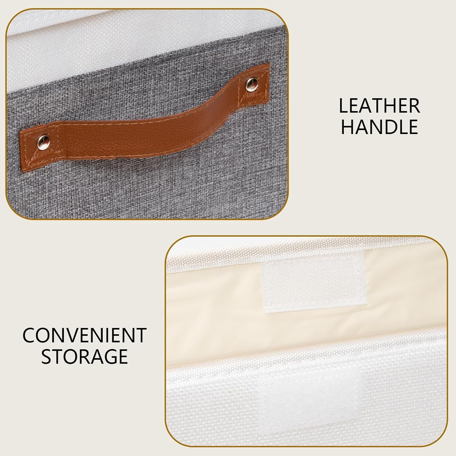 Storage Bins with Lids, Fabric Foldable Boxes, Washable and Leather Handle, Cube Organizer Basket for Home, Closet, White/Grey, 17.7''Lx11.8''Wx11.8''H, 3-Pack, USNK024WGX-3