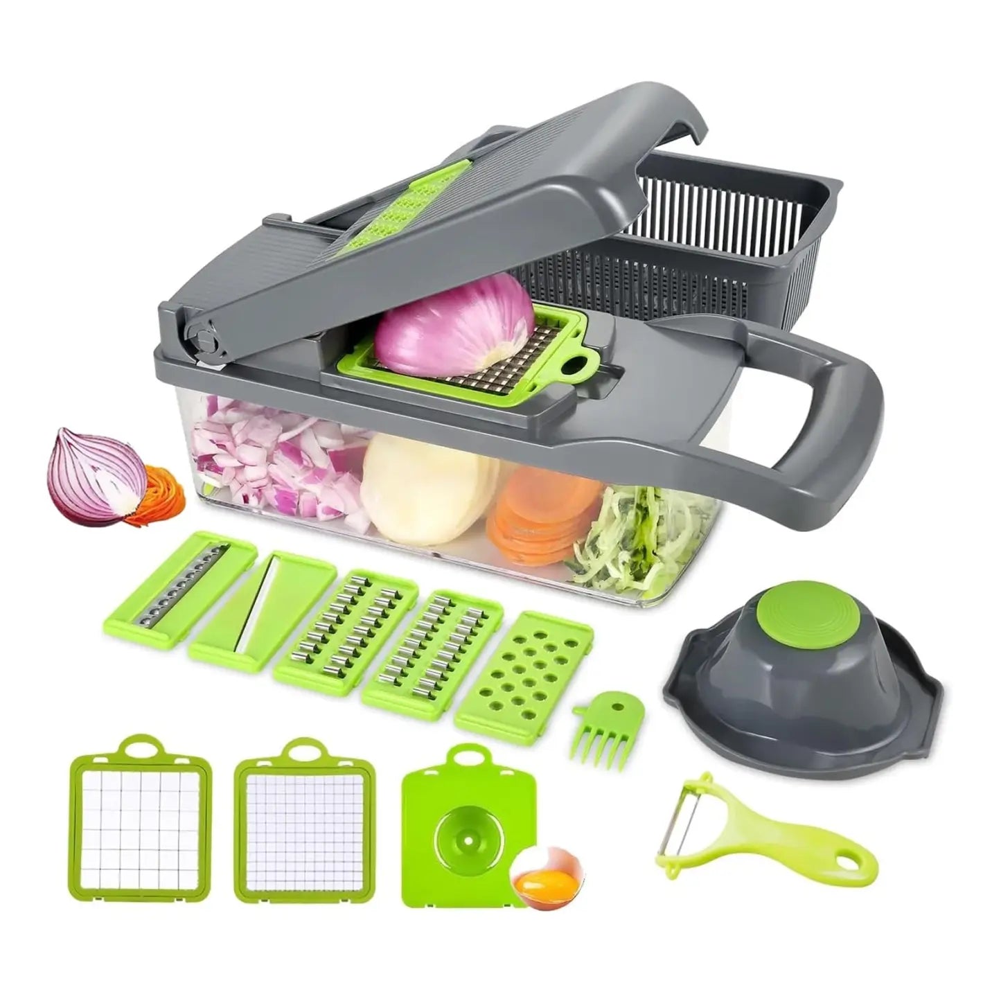 16-in-1 Stainless Steel Vegetable Chopper with 8 Interchangeable Blades - Durable PP and Steel Construction for Efficient Peeling and Cutting of Vegetables