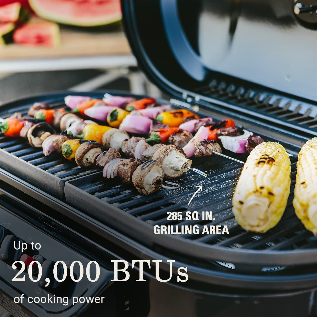 Roadtrip 285 Portable Stand-Up Propane Grill with Three Adjustable Burners and Instastart Ignition – 20,000 BTUs for Outdoor Cooking, Camping, Tailgating, and Barbecuing