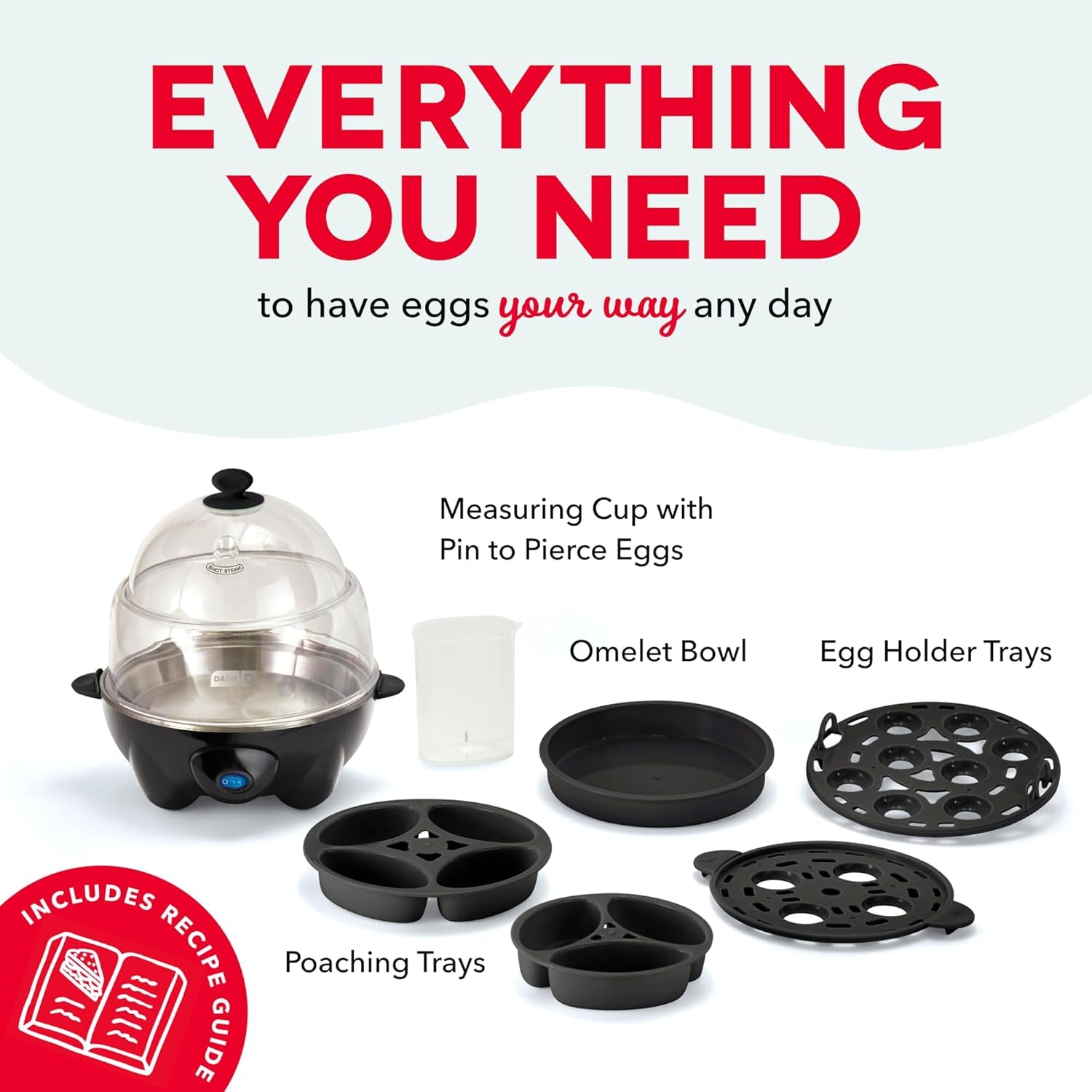 Deluxe Egg Cooker - Boiler, Poacher & Steamer - Includes Measuring & Recipe Guide - Dishwasher Safe - BPA Free - Holds 12 Eggs, Black