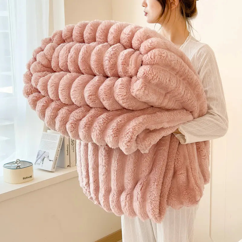 Luxurious Faux Rabbit Fur Throw Blanket Cozy Blanket-Patio Furniture Decor,Ultra-Soft,Classic Stripe Pattemn, Ideal for Bed,Couch, Travel,Camping, Allseasons,Home Bedroom Decor Plush Outdoorfun,Lightweightcomforter,All-Season Comforter 79” X 91