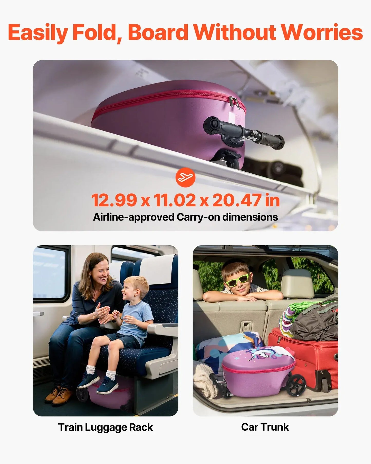 VEVOR Ride-On Luggage, Kids Scooter Suitcase with Flash PU Wheels, Adjustable Handle & TPR Non-Slip Grip, Foldable & Lightweight Scooter Luggage for Kids Aged 5+, Purple