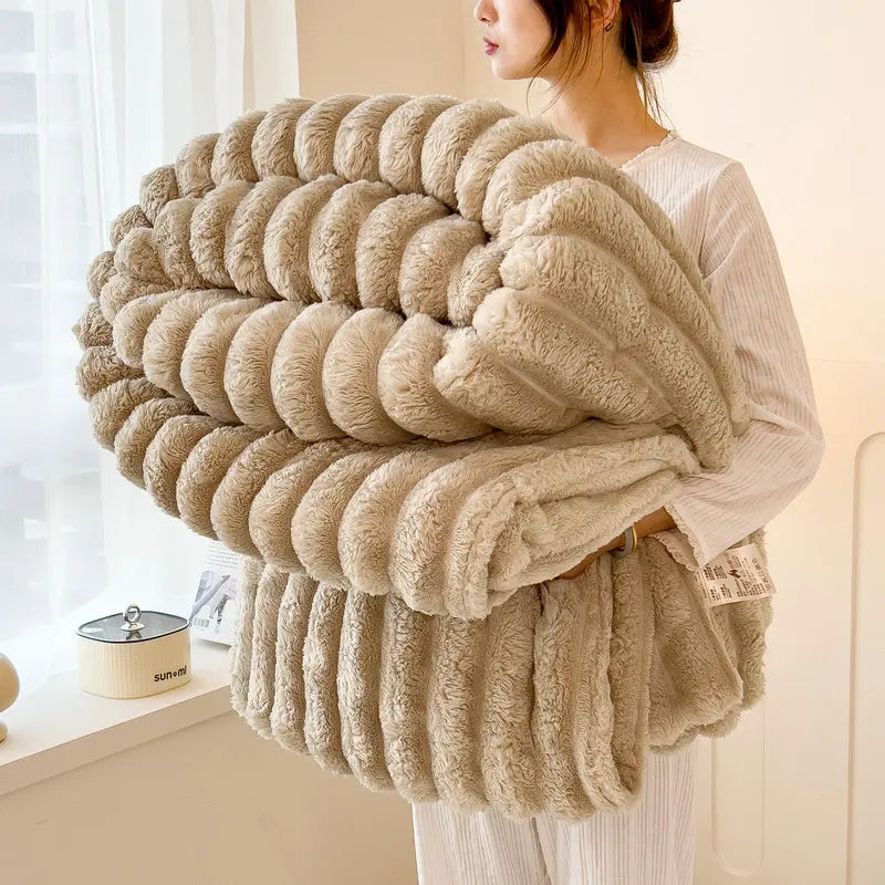 Luxurious Faux Rabbit Fur Throw Blanket Cozy Blanket-Patio Furniture Decor,Ultra-Soft,Classic Stripe Pattemn, Ideal for Bed,Couch, Travel,Camping, Allseasons,Home Bedroom Decor Plush Outdoorfun,Lightweightcomforter,All-Season Comforter 79” X 91