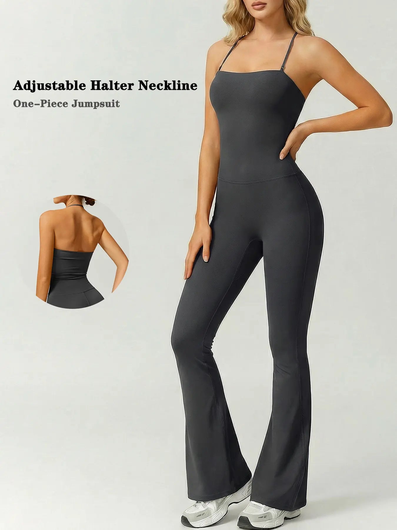 Women'S Halter Neck Sleeveless Yoga Bodysuit Soft Nylon-Spandex Blend Flare Leg One-Piece Sporty Jumpsuit Activewear for Daily Wear Outdoor Training & Fitness All Season Workout Jumpsuit