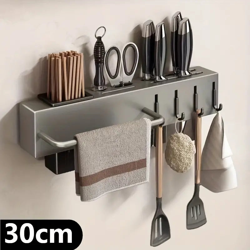 Multi-Functional Wall-Mounted Kitchen Storage Rack, Kitchenware - Heavy-Duty Carbon Steel Knife Holder, Japanese Knife Storage Rack, No-Drill Installation, Suitable for Storing Knives, Cutlery, and Cutting Boards in Homes and Restaurants, Space-Saving