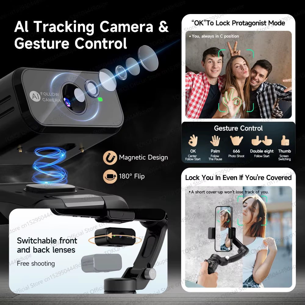 M03 Handheld Gimbal 3-Axis AI Tracking Stabilizer with Wireless Microphone for Smartphones Shooting Vlog, with Fill Light