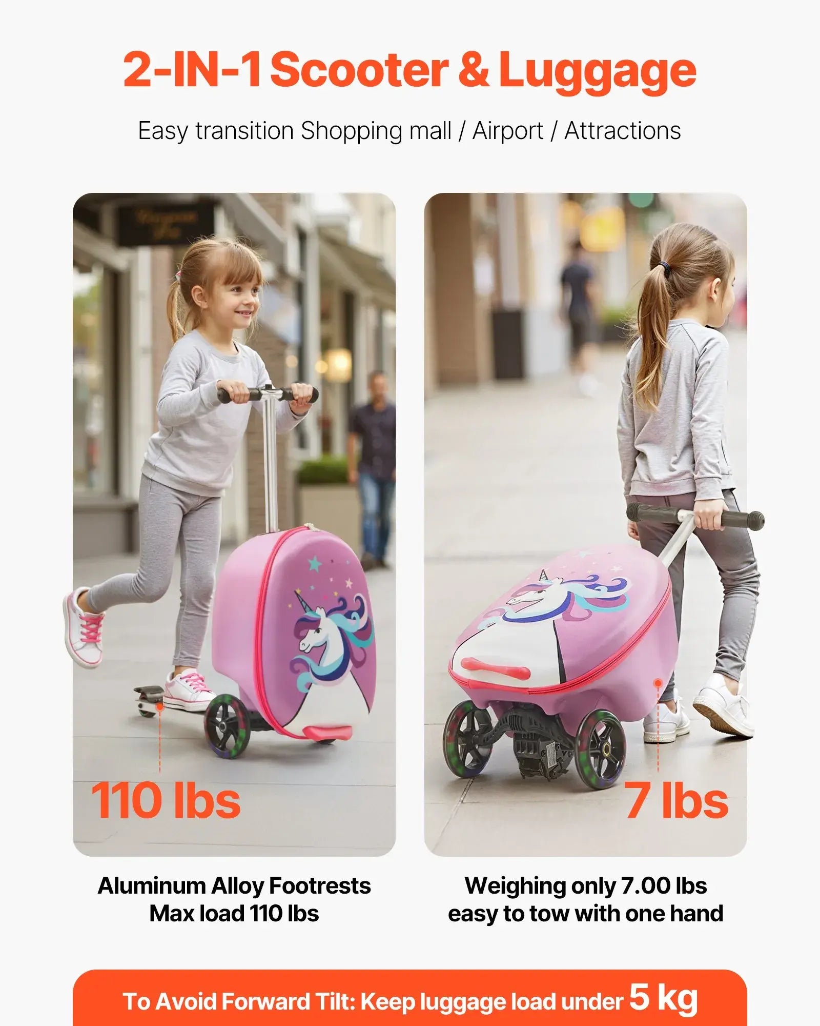 VEVOR Ride-On Luggage, Kids Scooter Suitcase with Flash PU Wheels, Adjustable Handle & TPR Non-Slip Grip, Foldable & Lightweight Scooter Luggage for Kids Aged 5+, Purple