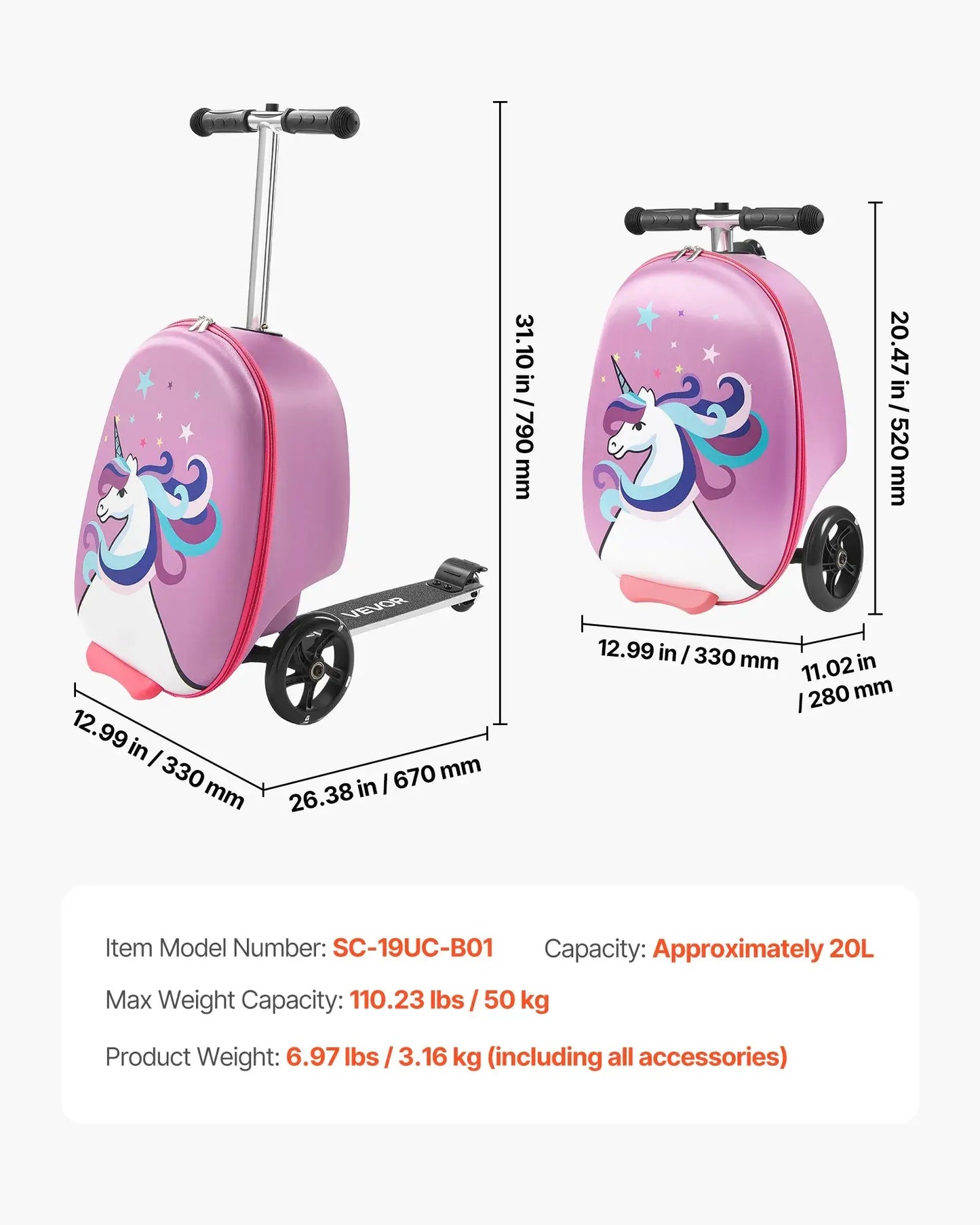 VEVOR Ride-On Luggage, Kids Scooter Suitcase with Flash PU Wheels, Adjustable Handle & TPR Non-Slip Grip, Foldable & Lightweight Scooter Luggage for Kids Aged 5+, Purple