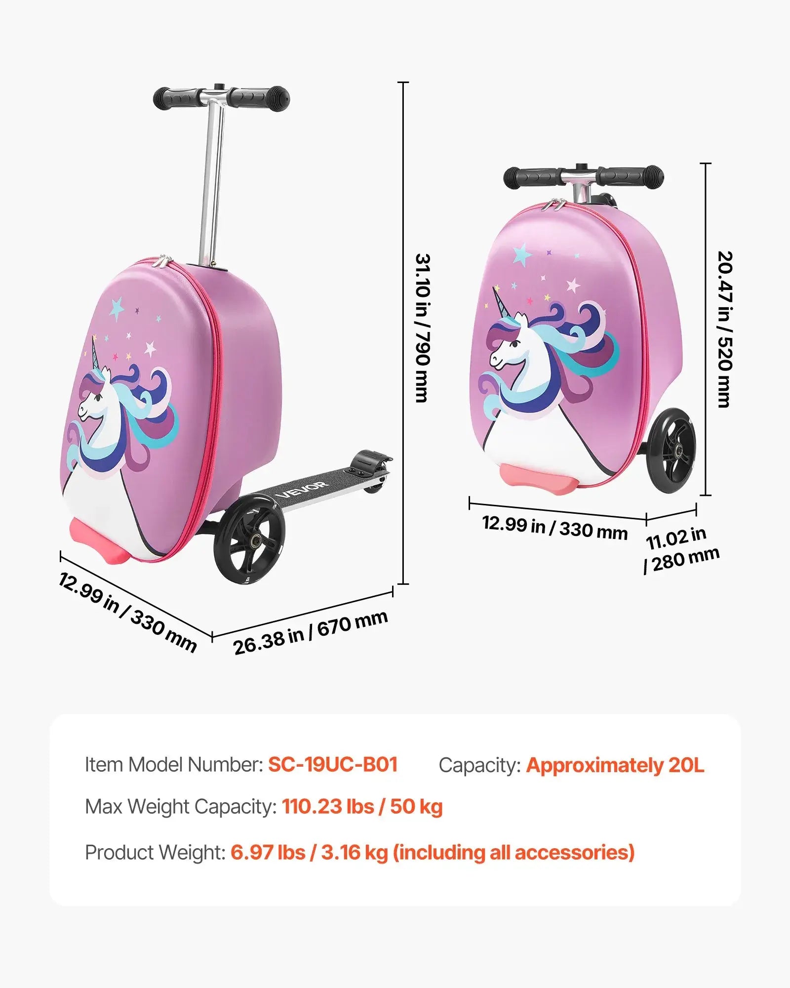 VEVOR Ride-On Luggage, Kids Scooter Suitcase with Flash PU Wheels, Adjustable Handle & TPR Non-Slip Grip, Foldable & Lightweight Scooter Luggage for Kids Aged 5+, Purple