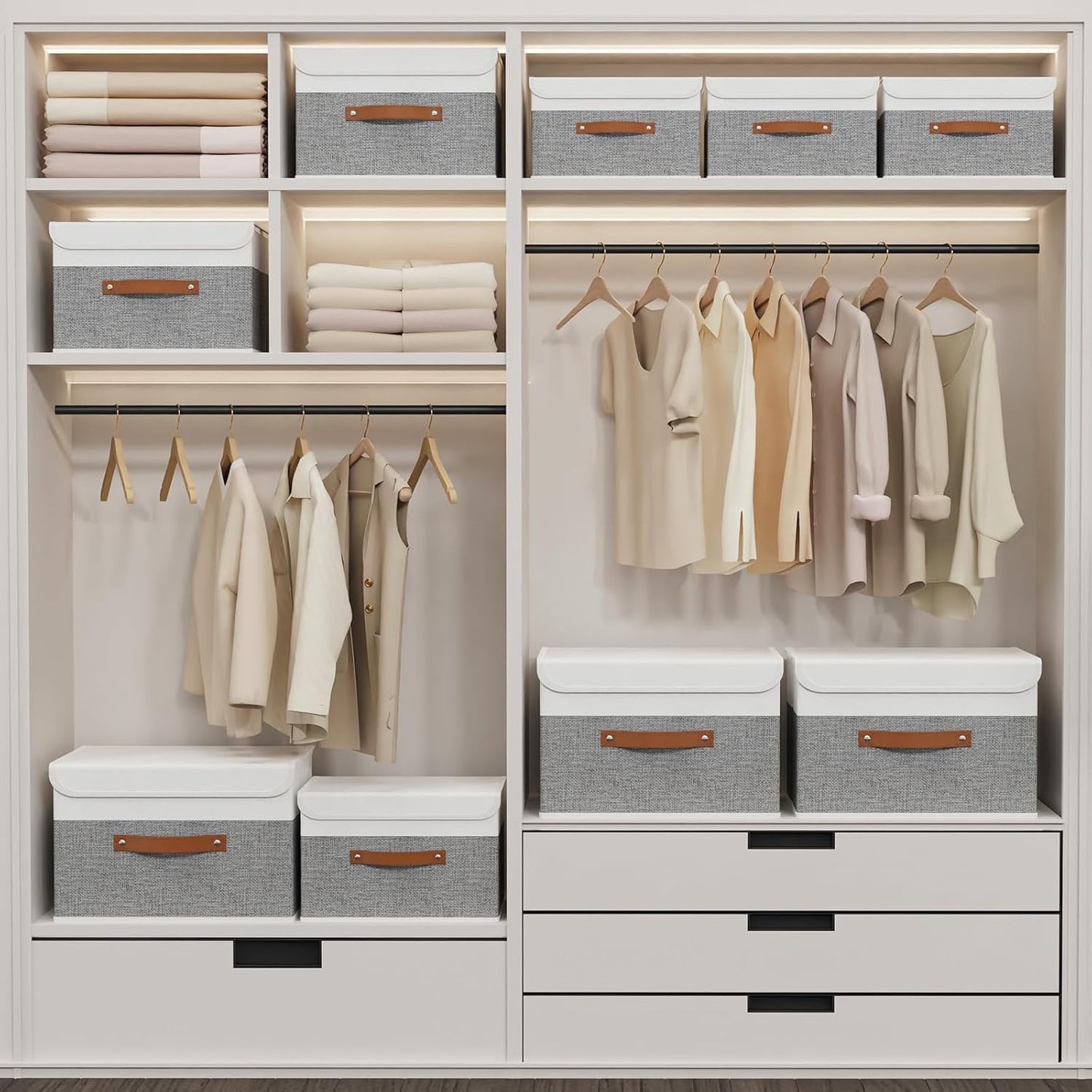 Storage Bins with Lids, Fabric Foldable Boxes, Washable and Leather Handle, Cube Organizer Basket for Home, Closet, White/Grey, 17.7''Lx11.8''Wx11.8''H, 3-Pack, USNK024WGX-3