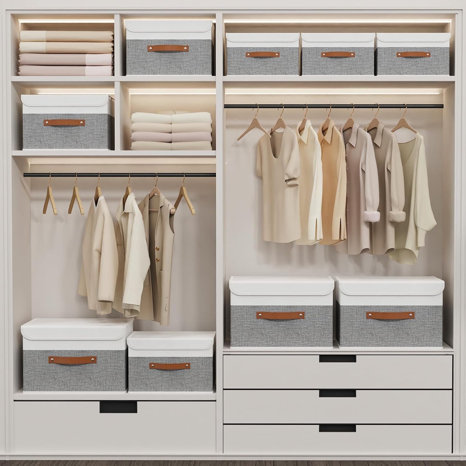 Storage Bins with Lids, Fabric Foldable Boxes, Washable and Leather Handle, Cube Organizer Basket for Home, Closet, White/Grey, 17.7''Lx11.8''Wx11.8''H, 3-Pack, USNK024WGX-3