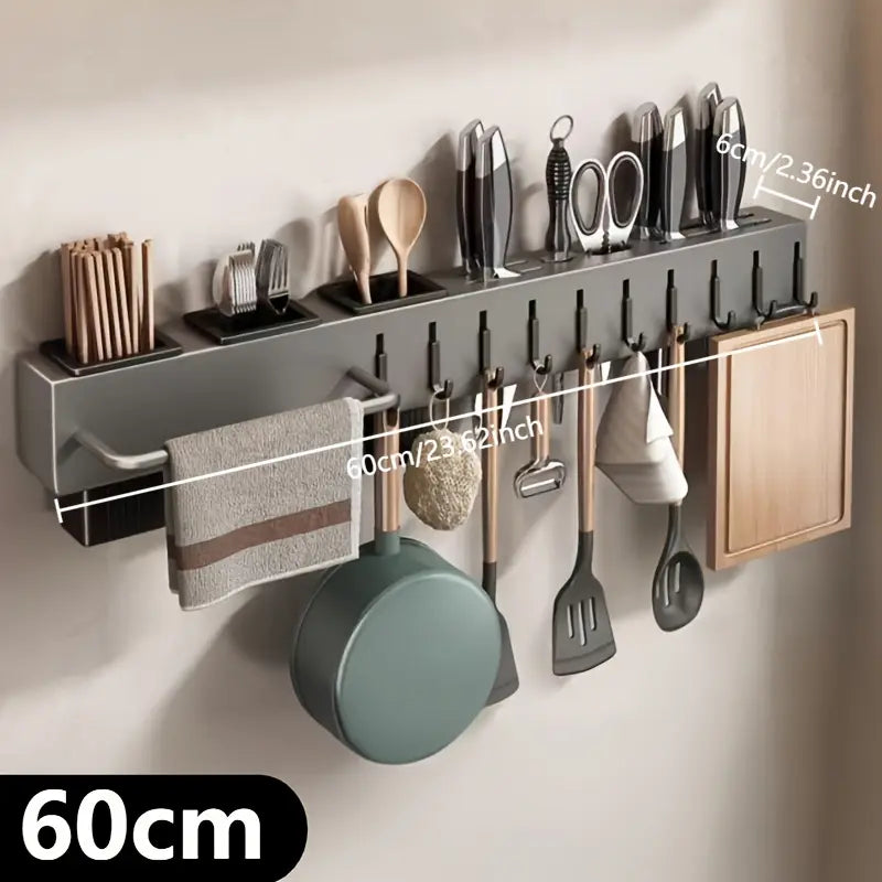 Multi-Functional Wall-Mounted Kitchen Storage Rack, Kitchenware - Heavy-Duty Carbon Steel Knife Holder, Japanese Knife Storage Rack, No-Drill Installation, Suitable for Storing Knives, Cutlery, and Cutting Boards in Homes and Restaurants, Space-Saving