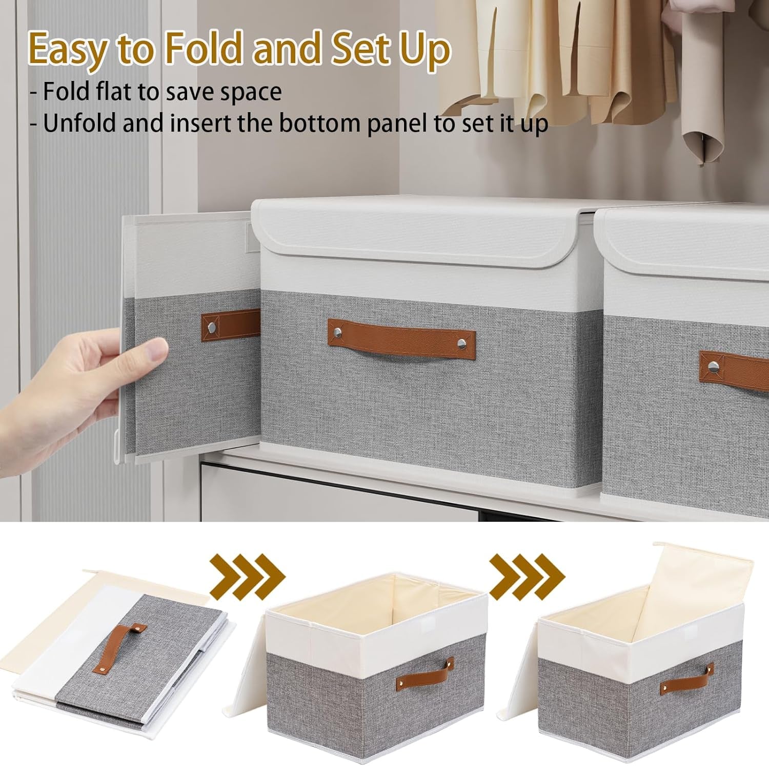 Storage Bins with Lids, Fabric Foldable Boxes, Washable and Leather Handle, Cube Organizer Basket for Home, Closet, White/Grey, 17.7''Lx11.8''Wx11.8''H, 3-Pack, USNK024WGX-3