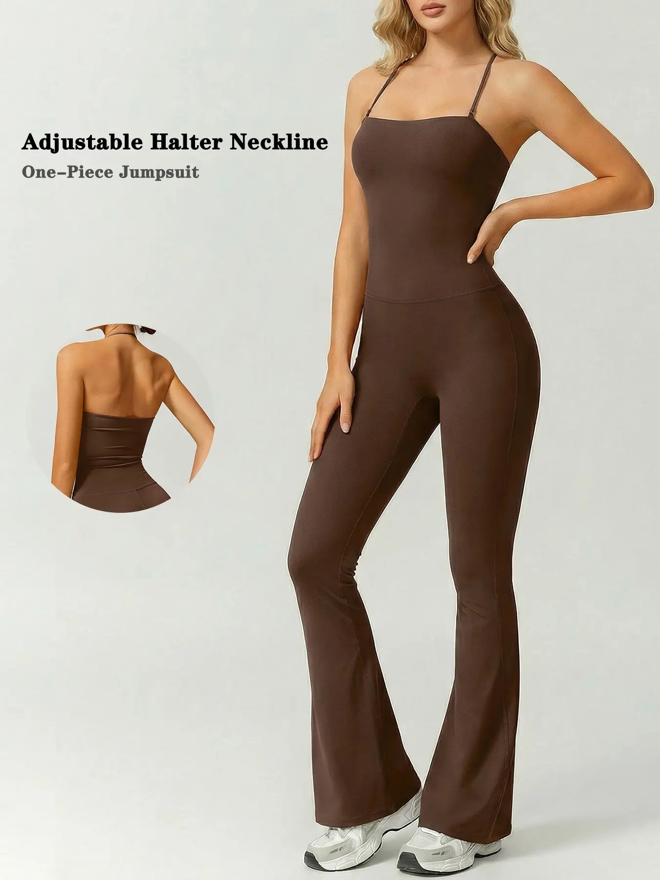 Women'S Halter Neck Sleeveless Yoga Bodysuit Soft Nylon-Spandex Blend Flare Leg One-Piece Sporty Jumpsuit Activewear for Daily Wear Outdoor Training & Fitness All Season Workout Jumpsuit