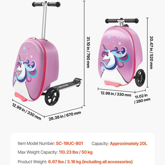 VEVOR Ride-On Luggage, Kids Scooter Suitcase with Flash PU Wheels, Adjustable Handle & TPR Non-Slip Grip, Foldable & Lightweight Scooter Luggage for Kids Aged 5+, Purple